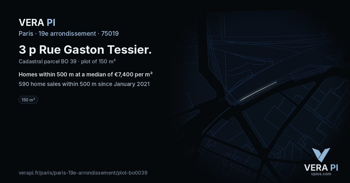 3 p Rue Gaston Tessier, 19e arrondissement at night – the plot lit, the parcels around coloured by the prices near them