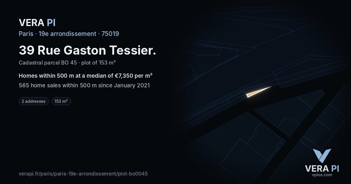 39 Rue Gaston Tessier, 19e arrondissement at night – the plot lit, the parcels around coloured by the prices near them