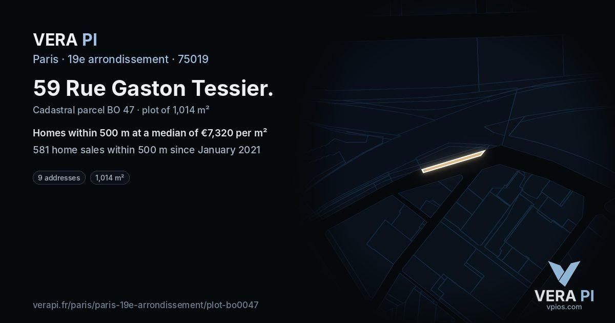 59 Rue Gaston Tessier, 19e arrondissement at night – the plot lit, the parcels around coloured by the prices near them