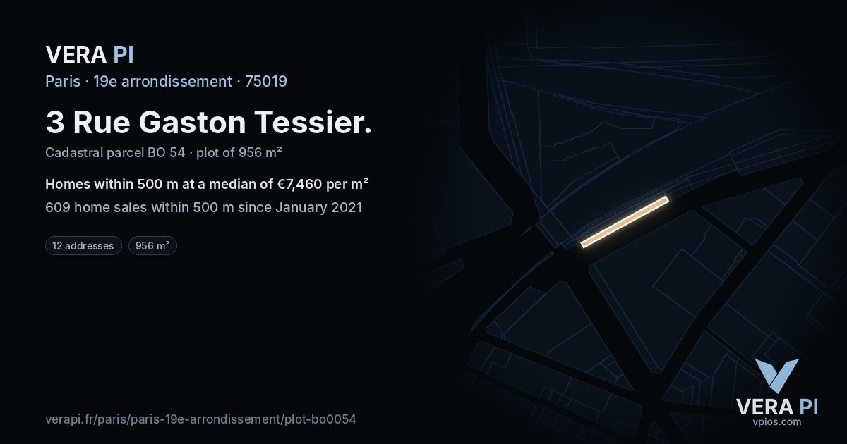 3 Rue Gaston Tessier, 19e arrondissement at night – the plot lit, the parcels around coloured by the prices near them