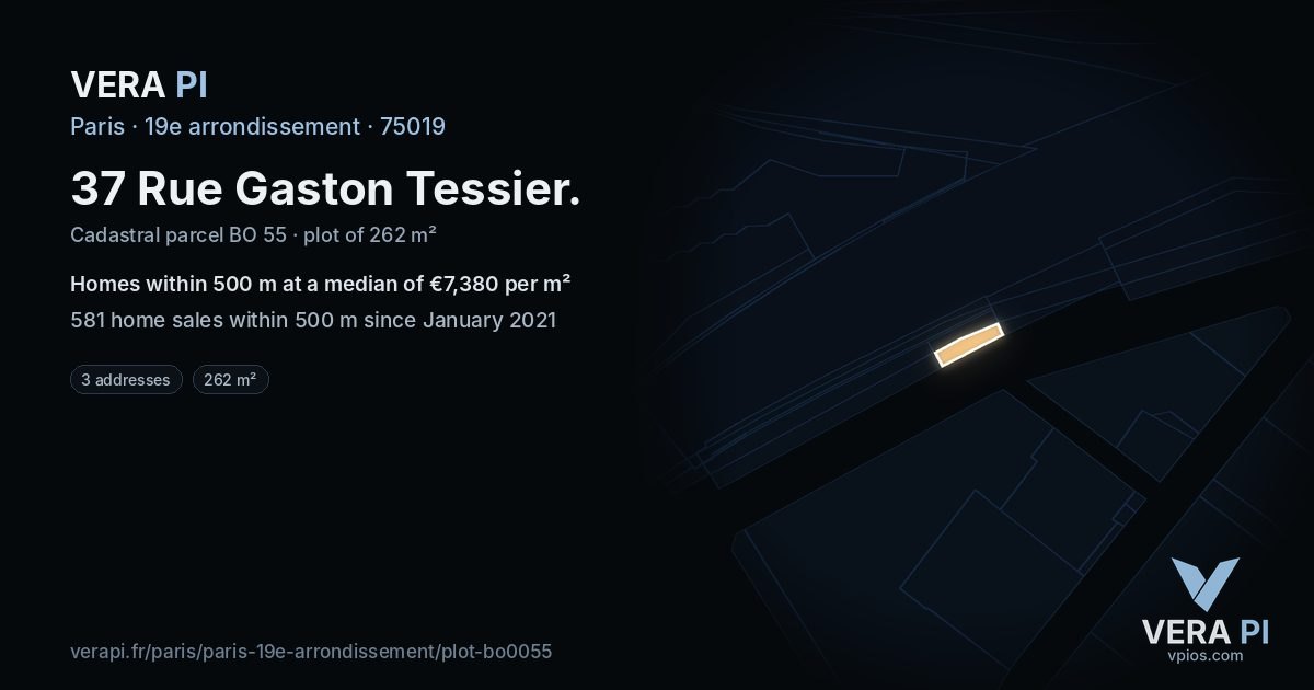 37 Rue Gaston Tessier, 19e arrondissement at night – the plot lit, the parcels around coloured by the prices near them
