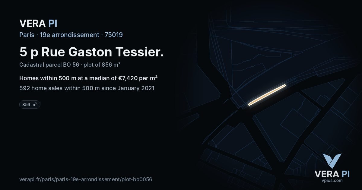 5 p Rue Gaston Tessier, 19e arrondissement at night – the plot lit, the parcels around coloured by the prices near them