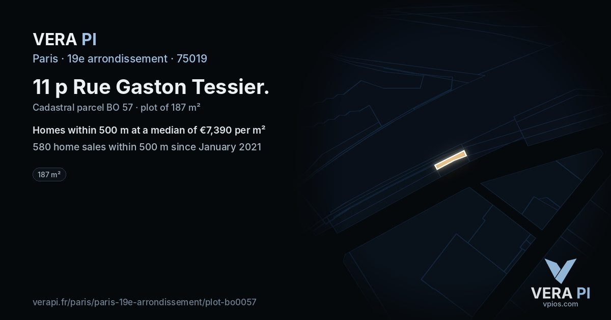 11 p Rue Gaston Tessier, 19e arrondissement at night – the plot lit, the parcels around coloured by the prices near them