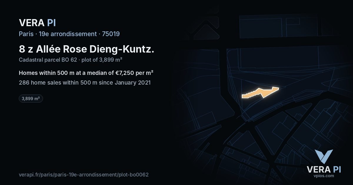 8 z Allée Rose Dieng-Kuntz, 19e arrondissement at night – the plot lit, the parcels around coloured by the prices near them