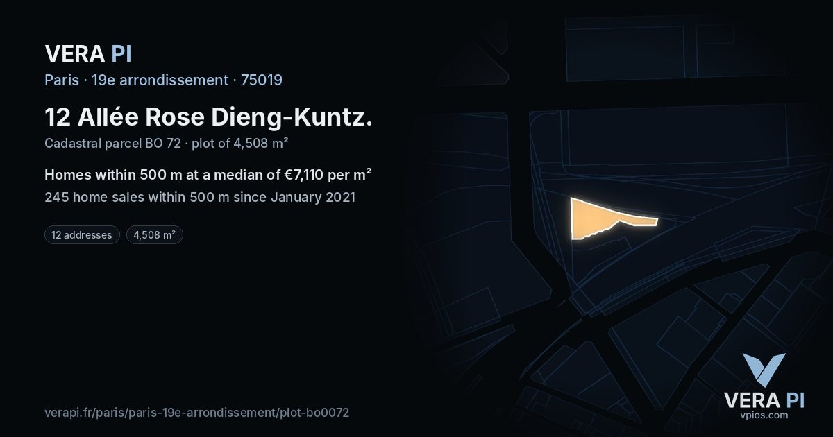12 Allée Rose Dieng-Kuntz, 19e arrondissement at night – the plot lit, the parcels around coloured by the prices near them