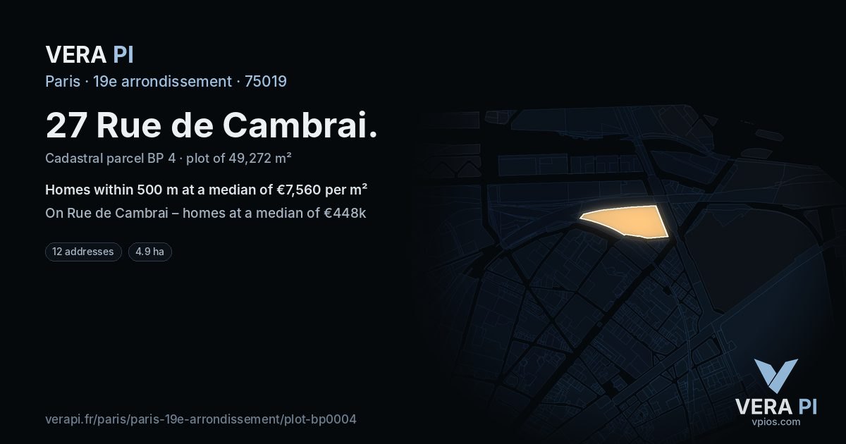 27 Rue de Cambrai, 19e arrondissement at night – the plot lit, the parcels around coloured by the prices near them