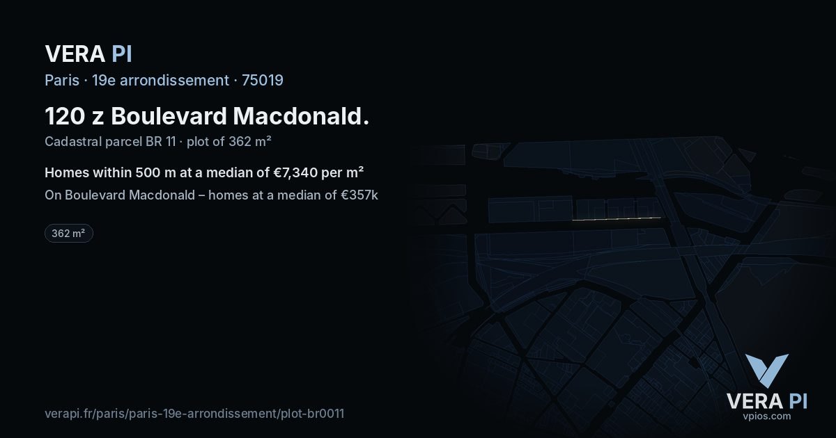 120 z Boulevard Macdonald, 19e arrondissement at night – the plot lit, the parcels around coloured by the prices near them
