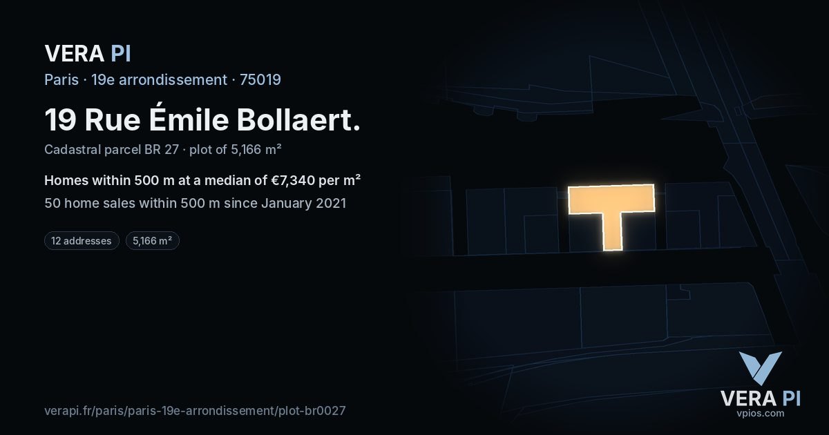 19 Rue Émile Bollaert, 19e arrondissement at night – the plot lit, the parcels around coloured by the prices near them