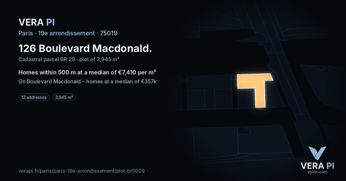 126 Boulevard Macdonald, 19e arrondissement at night – the plot lit, the parcels around coloured by the prices near them