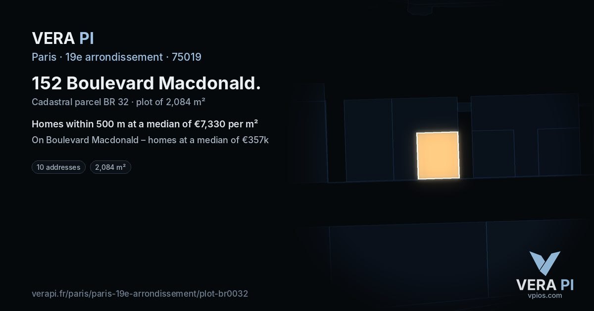 152 Boulevard Macdonald, 19e arrondissement at night – the plot lit, the parcels around coloured by the prices near them
