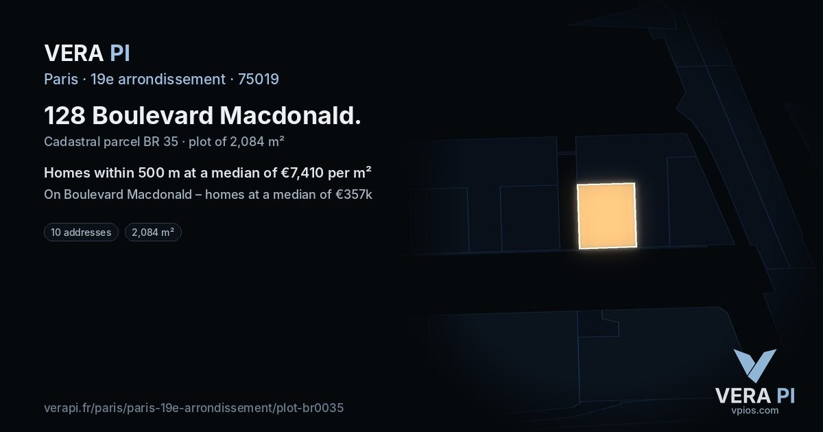128 Boulevard Macdonald, 19e arrondissement at night – the plot lit, the parcels around coloured by the prices near them