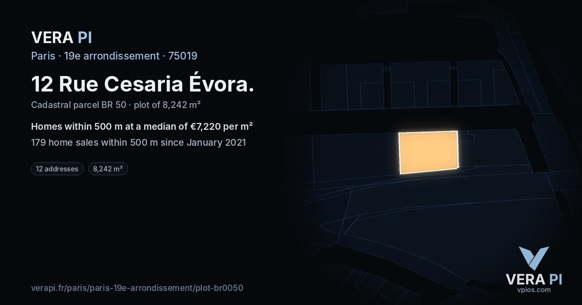 12 Rue Cesaria Évora, 19e arrondissement at night – the plot lit, the parcels around coloured by the prices near them