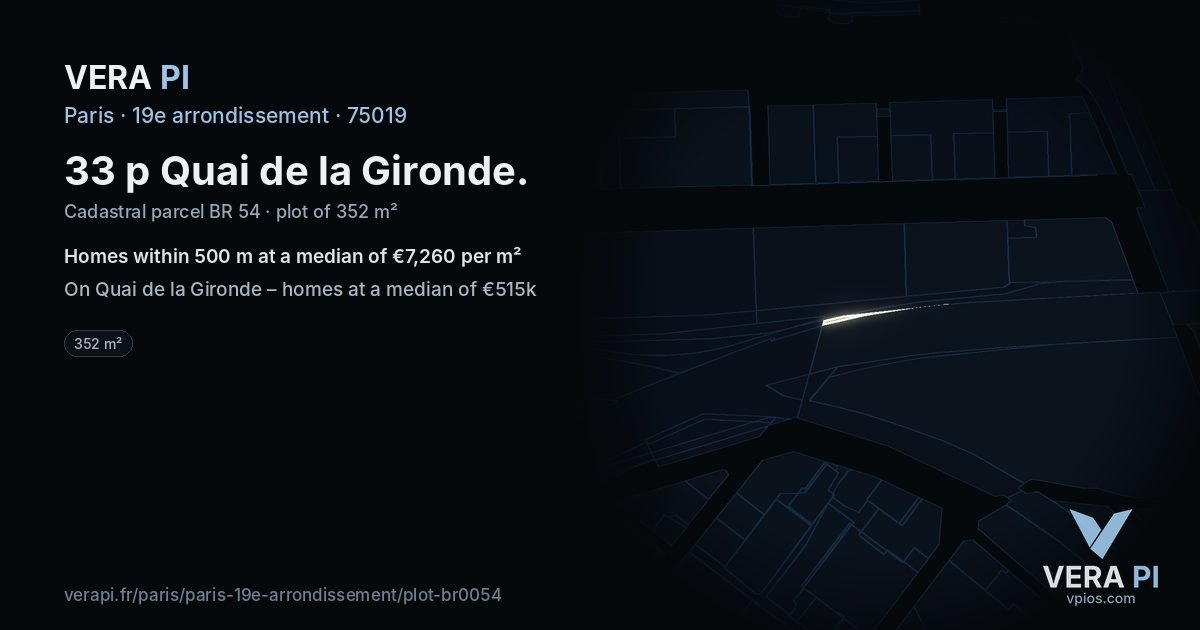 33 p Quai de la Gironde, 19e arrondissement at night – the plot lit, the parcels around coloured by the prices near them