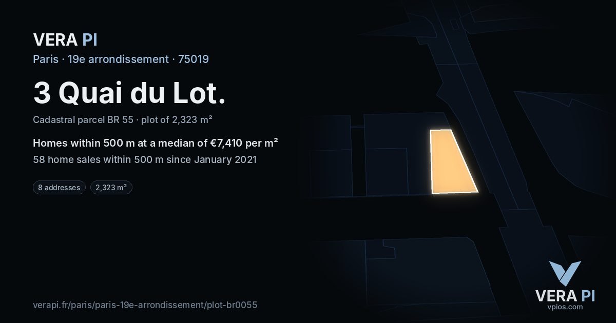3 Quai du Lot, 19e arrondissement at night – the plot lit, the parcels around coloured by the prices near them