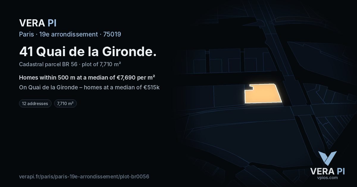 41 Quai de la Gironde, 19e arrondissement at night – the plot lit, the parcels around coloured by the prices near them