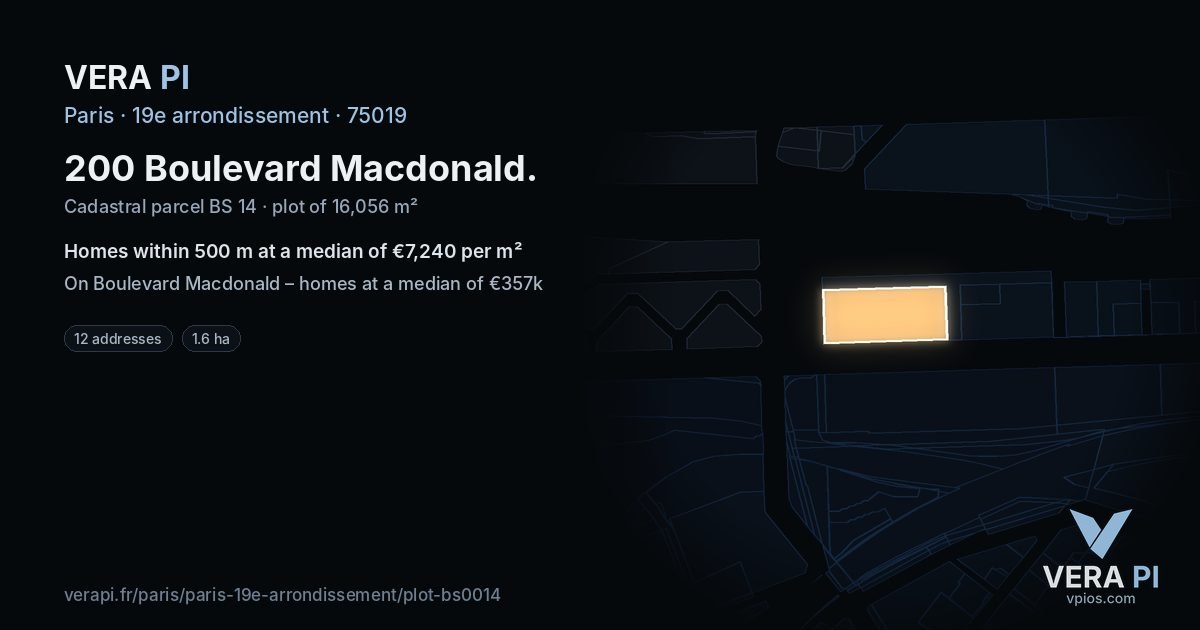 200 Boulevard Macdonald, 19e arrondissement at night – the plot lit, the parcels around coloured by the prices near them