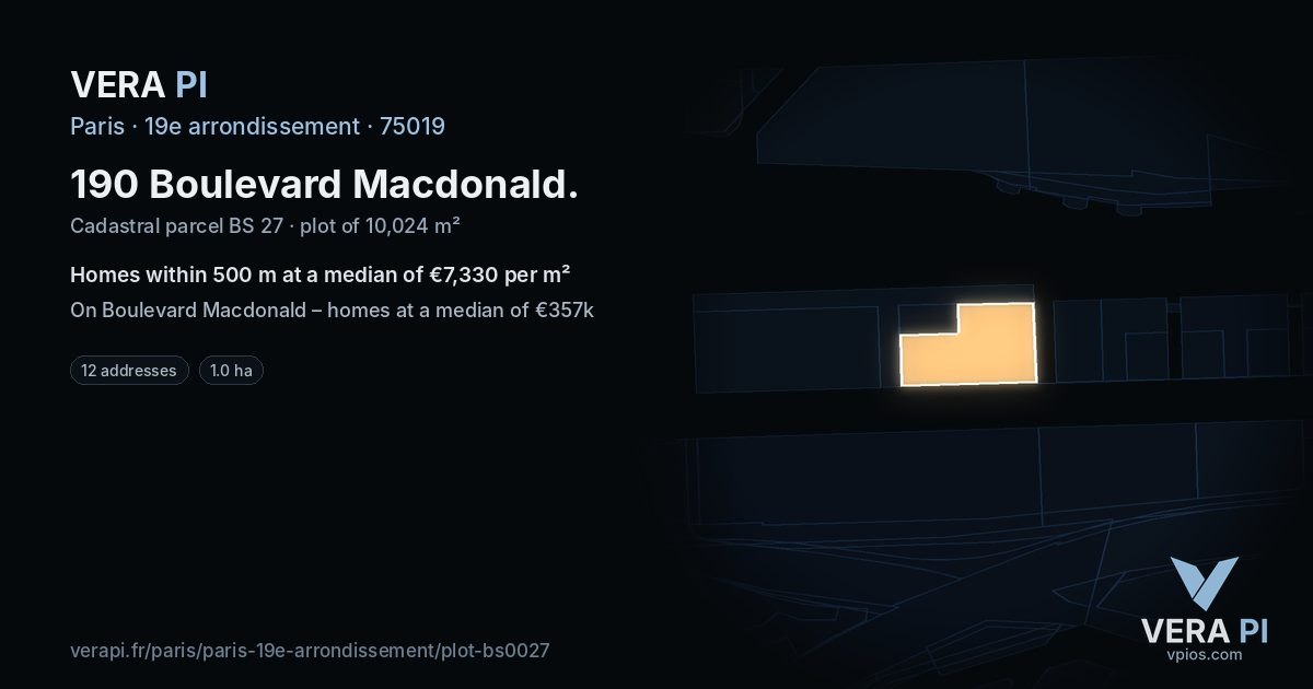190 Boulevard Macdonald, 19e arrondissement at night – the plot lit, the parcels around coloured by the prices near them