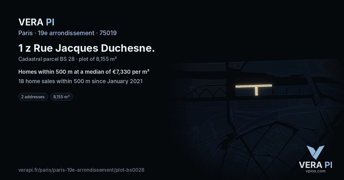 1 z Rue Jacques Duchesne, 19e arrondissement at night – the plot lit, the parcels around coloured by the prices near them