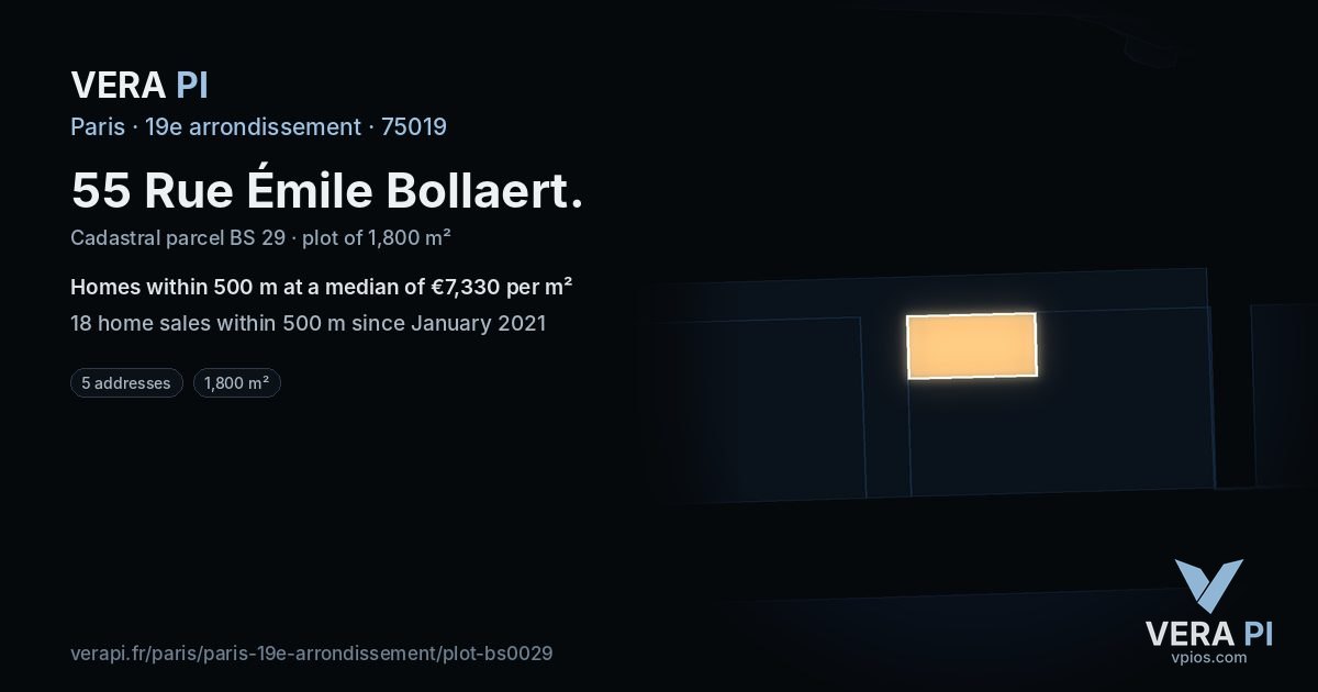 55 Rue Émile Bollaert, 19e arrondissement at night – the plot lit, the parcels around coloured by the prices near them