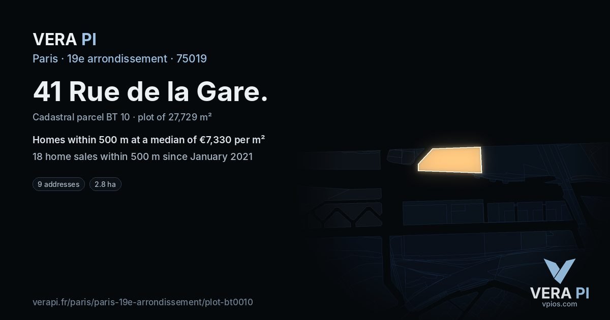 41 Rue de la Gare, 19e arrondissement at night – the plot lit, the parcels around coloured by the prices near them