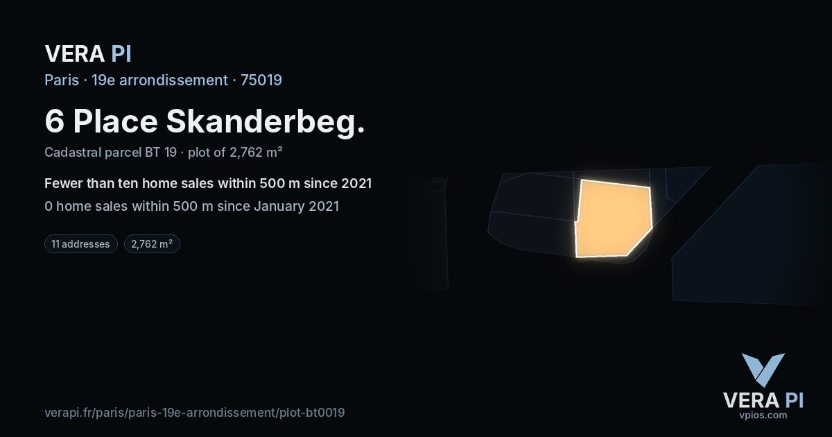 6 Place Skanderbeg, 19e arrondissement at night – the plot lit, the parcels around coloured by the prices near them