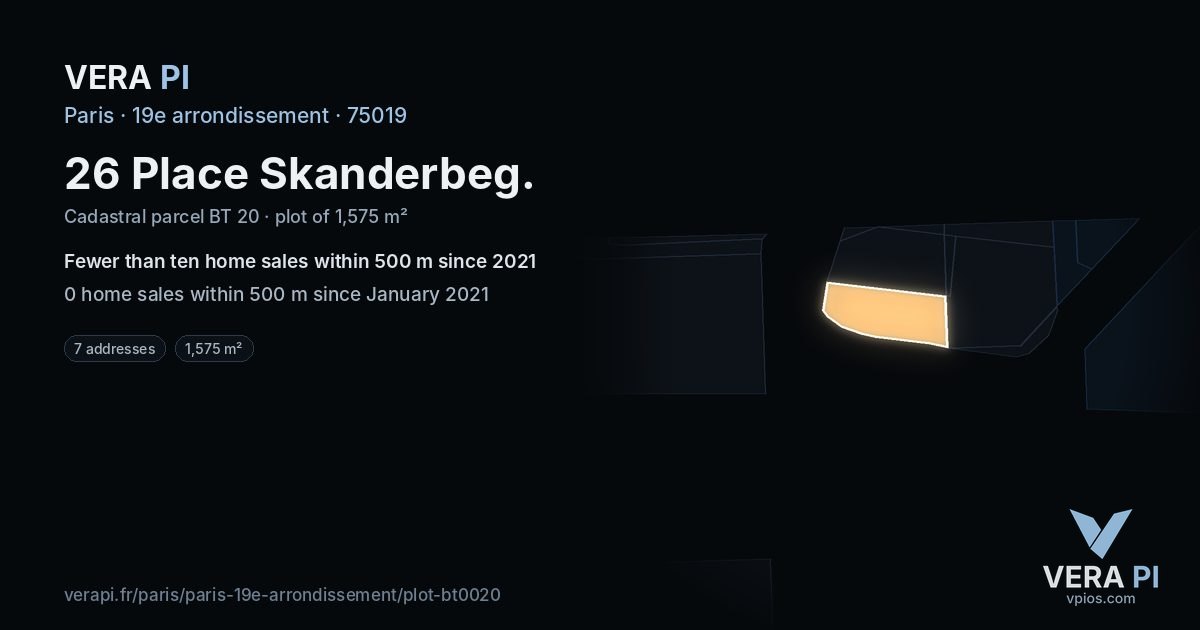 26 Place Skanderbeg, 19e arrondissement at night – the plot lit, the parcels around coloured by the prices near them