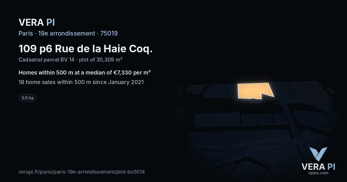 109 p6 Rue de la Haie Coq, 19e arrondissement at night – the plot lit, the parcels around coloured by the prices near them