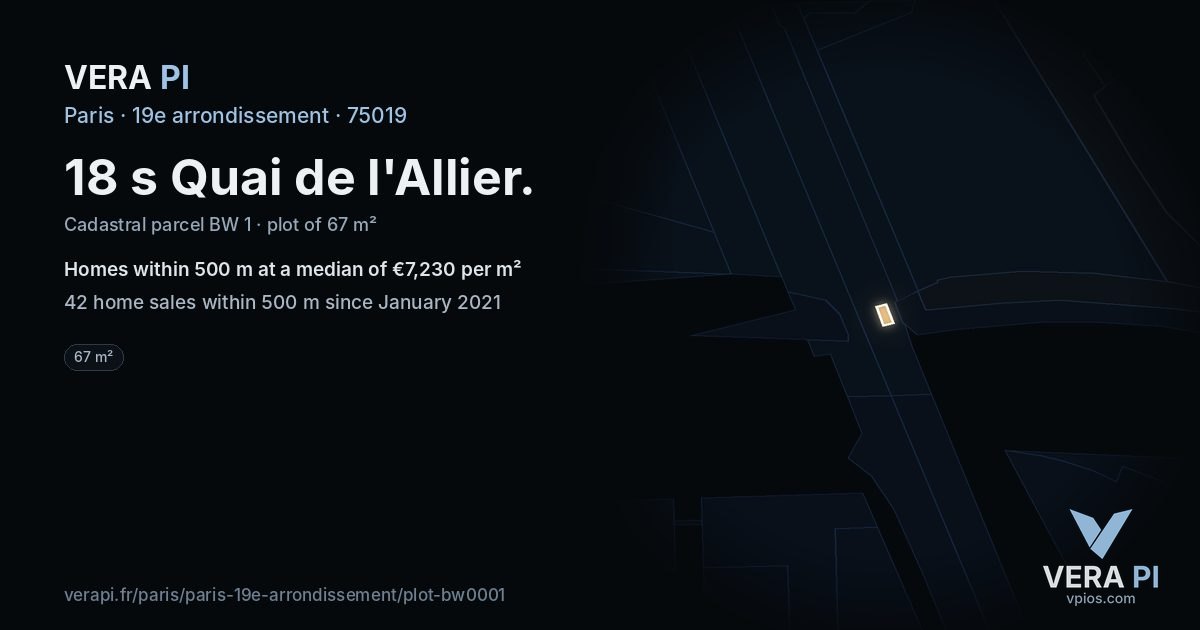 18 s Quai de l'Allier, 19e arrondissement at night – the plot lit, the parcels around coloured by the prices near them