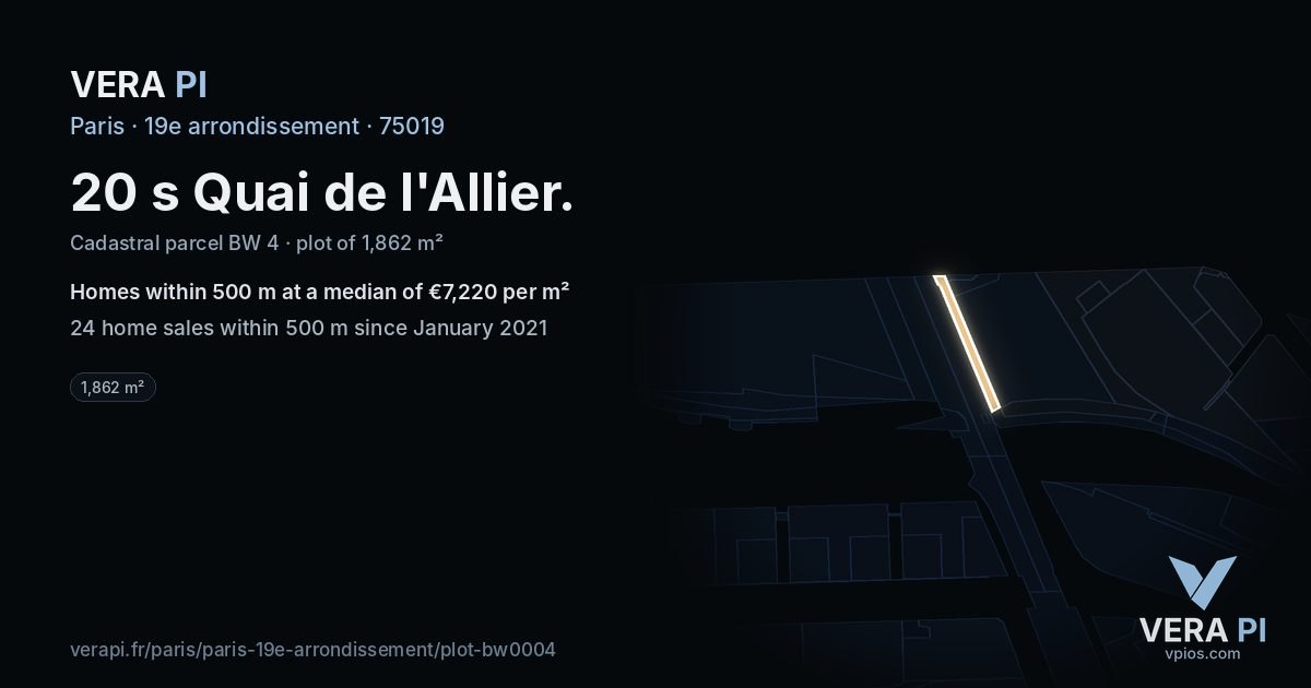 20 s Quai de l'Allier, 19e arrondissement at night – the plot lit, the parcels around coloured by the prices near them