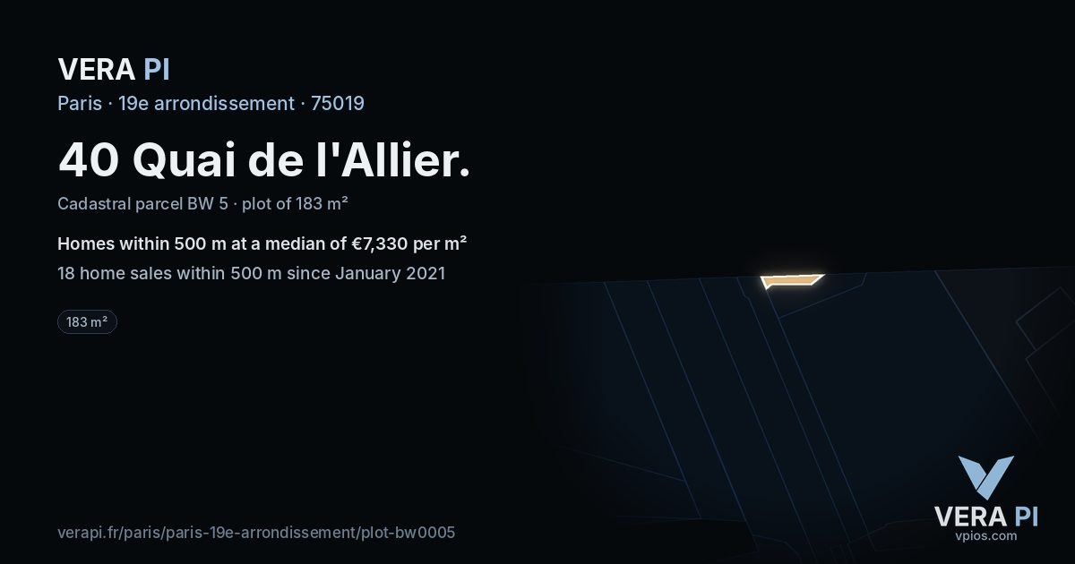40 Quai de l'Allier, 19e arrondissement at night – the plot lit, the parcels around coloured by the prices near them