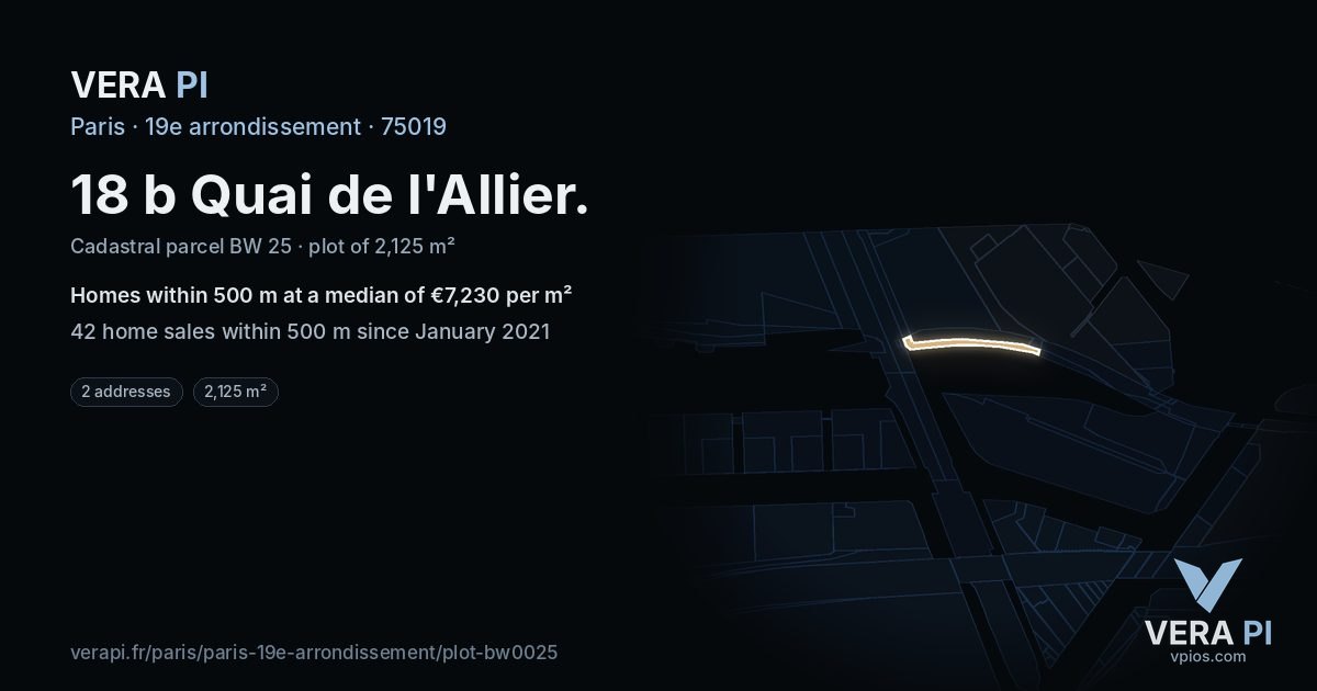 18 b Quai de l'Allier, 19e arrondissement at night – the plot lit, the parcels around coloured by the prices near them