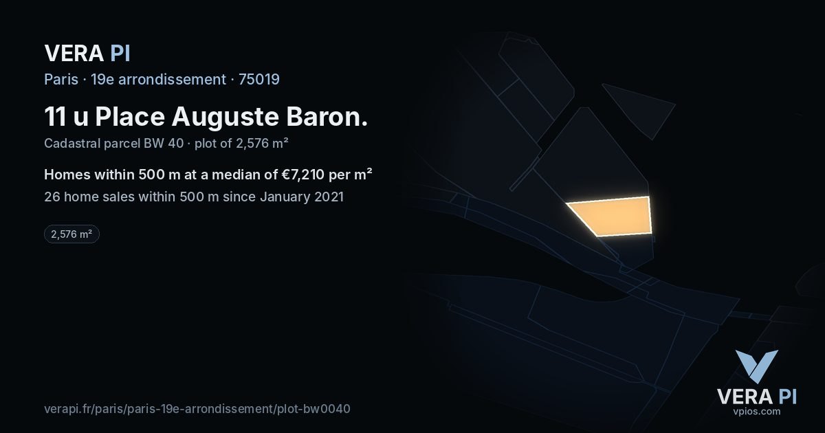 11 u Place Auguste Baron, 19e arrondissement at night – the plot lit, the parcels around coloured by the prices near them