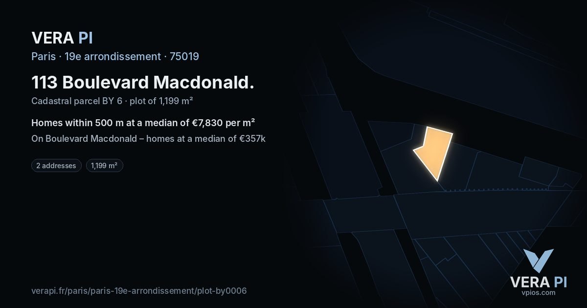 113 Boulevard Macdonald, 19e arrondissement at night – the plot lit, the parcels around coloured by the prices near them