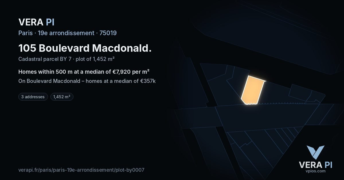 105 Boulevard Macdonald, 19e arrondissement at night – the plot lit, the parcels around coloured by the prices near them