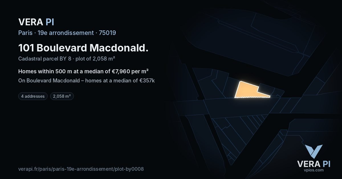 101 Boulevard Macdonald, 19e arrondissement at night – the plot lit, the parcels around coloured by the prices near them