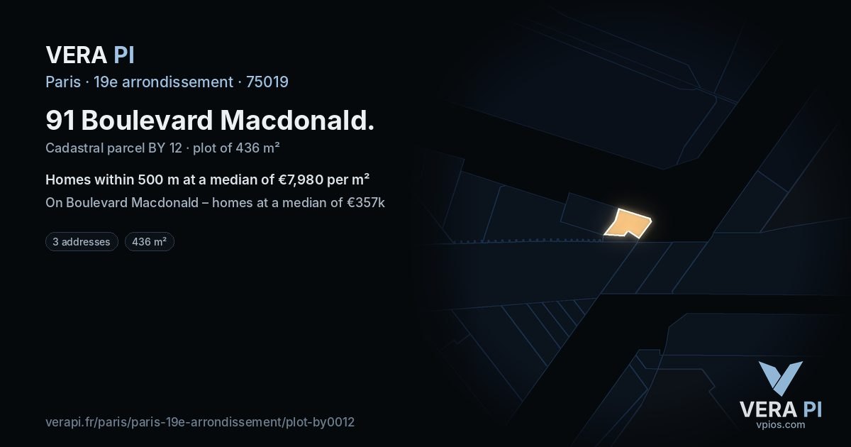 91 Boulevard Macdonald, 19e arrondissement at night – the plot lit, the parcels around coloured by the prices near them
