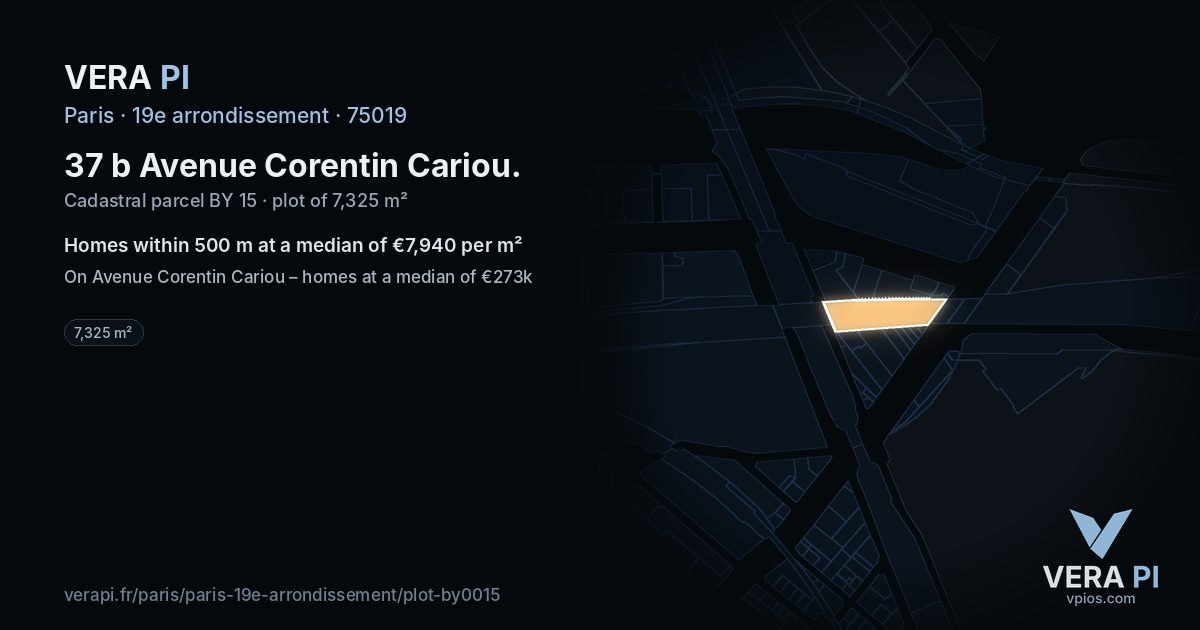 37 b Avenue Corentin Cariou, 19e arrondissement at night – the plot lit, the parcels around coloured by the prices near them