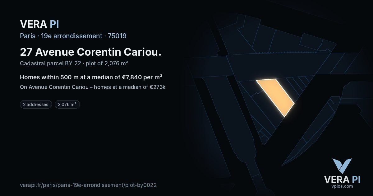 27 Avenue Corentin Cariou, 19e arrondissement at night – the plot lit, the parcels around coloured by the prices near them