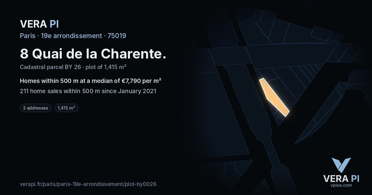 8 Quai de la Charente, 19e arrondissement at night – the plot lit, the parcels around coloured by the prices near them