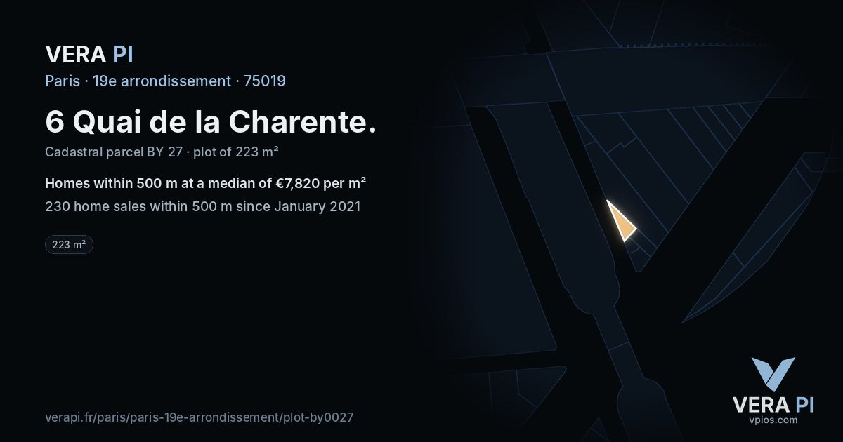 6 Quai de la Charente, 19e arrondissement at night – the plot lit, the parcels around coloured by the prices near them