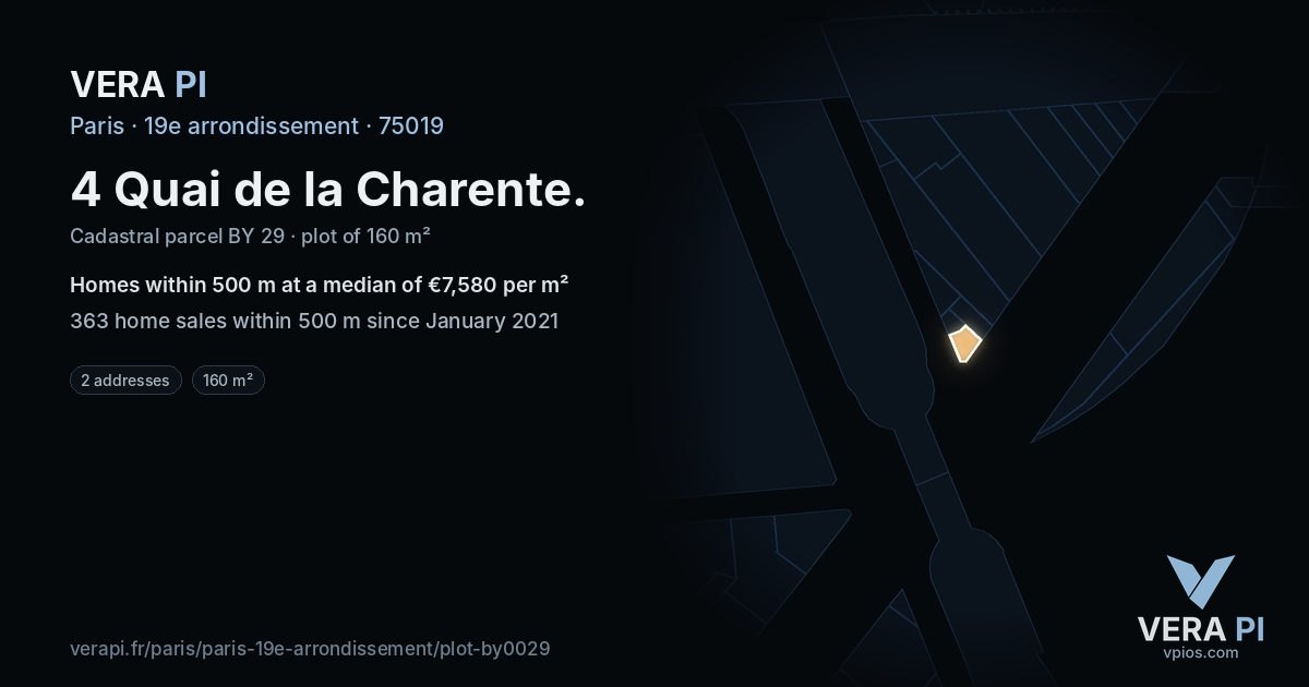 4 Quai de la Charente, 19e arrondissement at night – the plot lit, the parcels around coloured by the prices near them