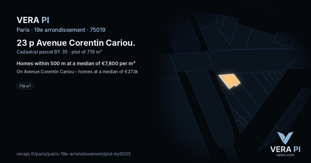 23 p Avenue Corentin Cariou, 19e arrondissement at night – the plot lit, the parcels around coloured by the prices near them