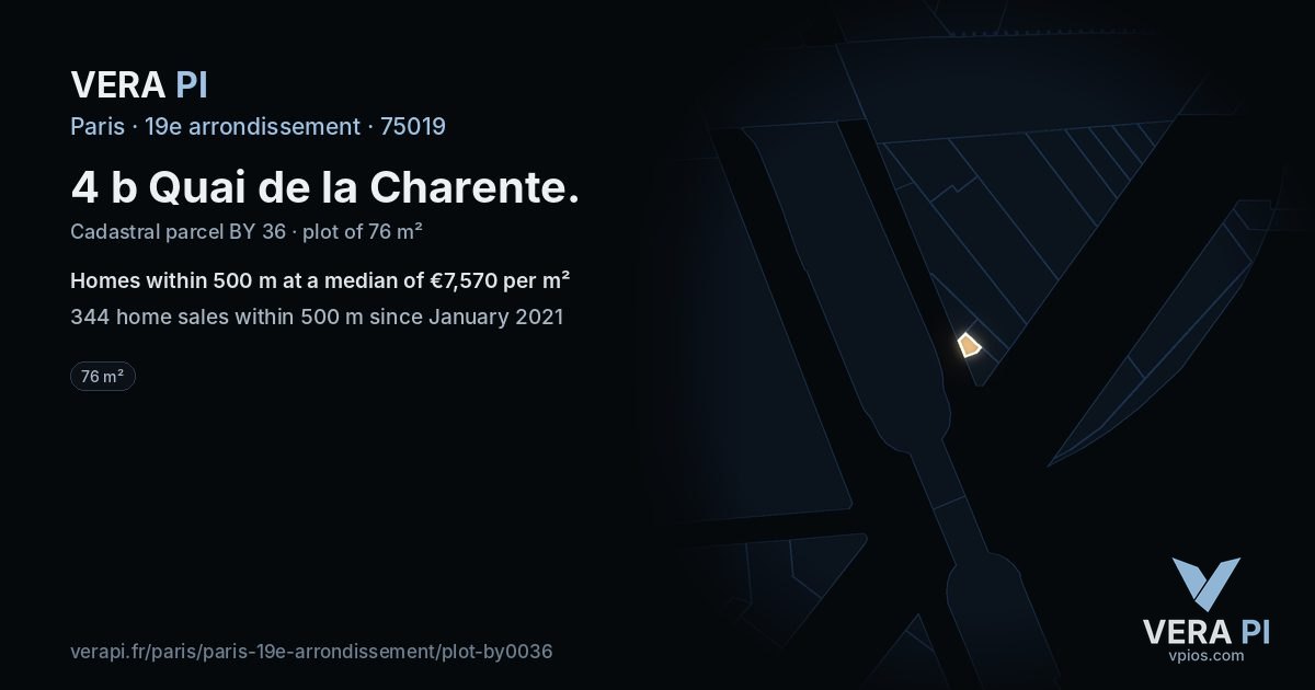 4 b Quai de la Charente, 19e arrondissement at night – the plot lit, the parcels around coloured by the prices near them