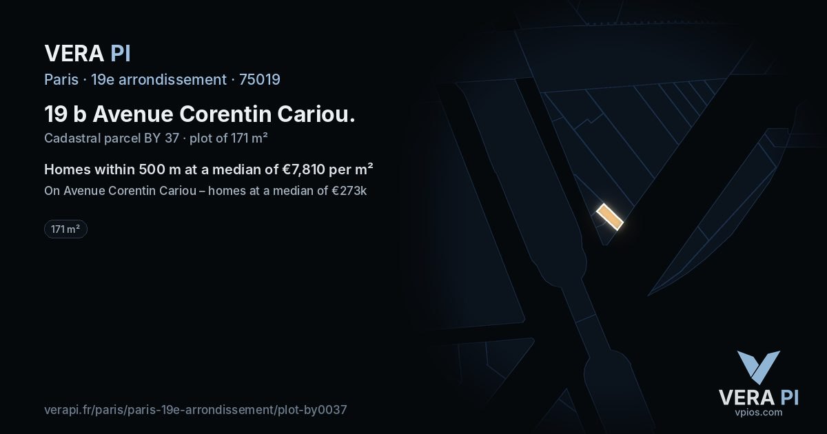 19 b Avenue Corentin Cariou, 19e arrondissement at night – the plot lit, the parcels around coloured by the prices near them