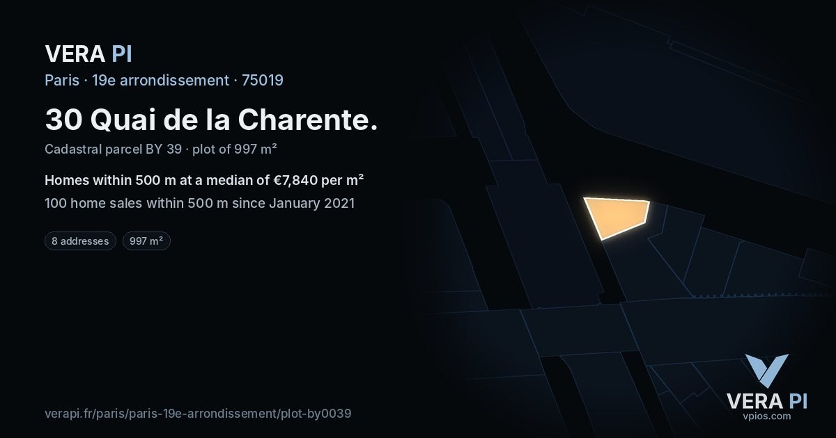30 Quai de la Charente, 19e arrondissement at night – the plot lit, the parcels around coloured by the prices near them
