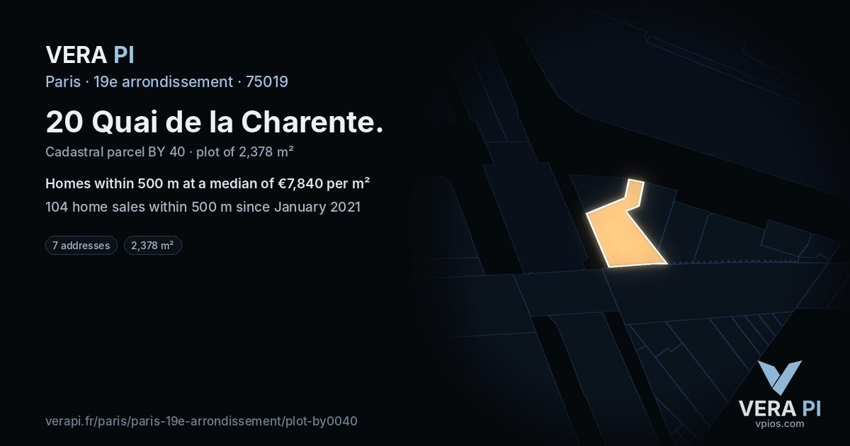 20 Quai de la Charente, 19e arrondissement at night – the plot lit, the parcels around coloured by the prices near them