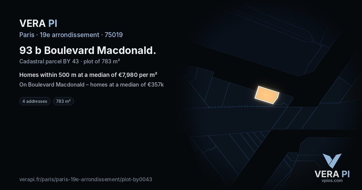93 b Boulevard Macdonald, 19e arrondissement at night – the plot lit, the parcels around coloured by the prices near them