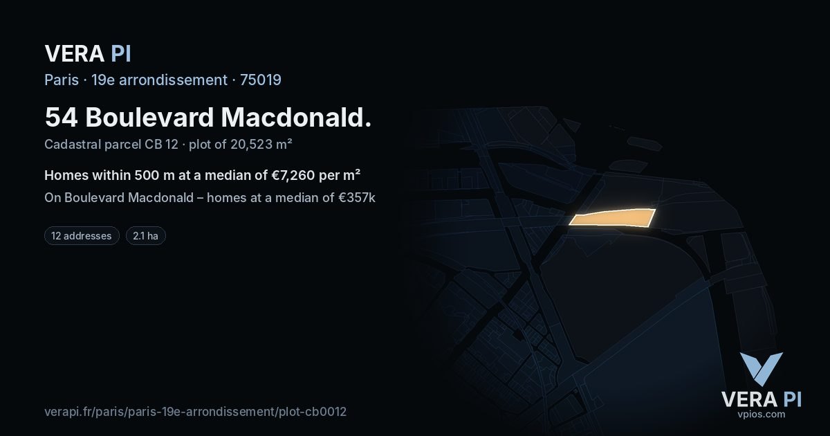 54 Boulevard Macdonald, 19e arrondissement at night – the plot lit, the parcels around coloured by the prices near them