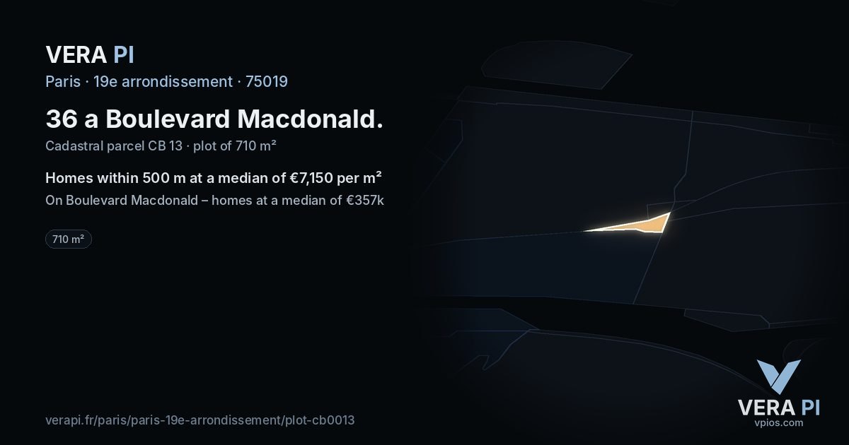 36 a Boulevard Macdonald, 19e arrondissement at night – the plot lit, the parcels around coloured by the prices near them