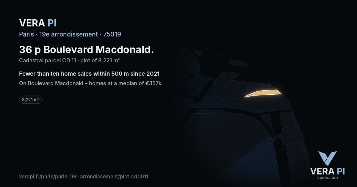36 p Boulevard Macdonald, 19e arrondissement at night – the plot lit, the parcels around coloured by the prices near them
